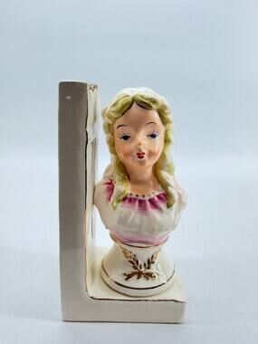 Vintage Wales Japan Ceramic Lady Bust Bookend Figurine Gold Trim